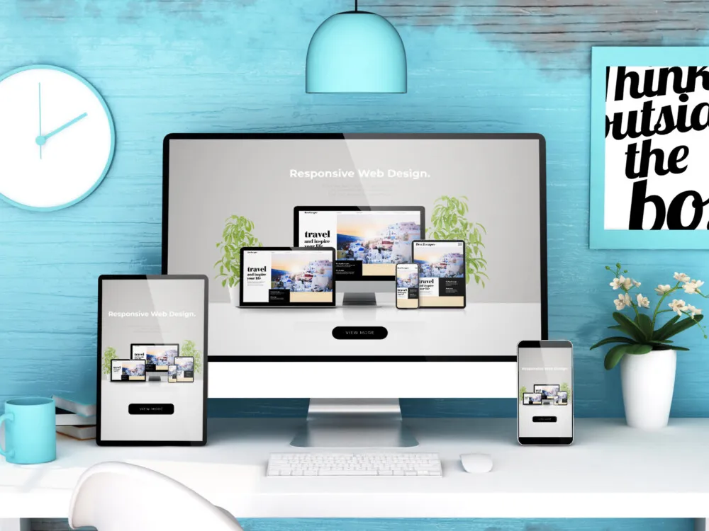 blue studio with responsive web design on devices mockup
